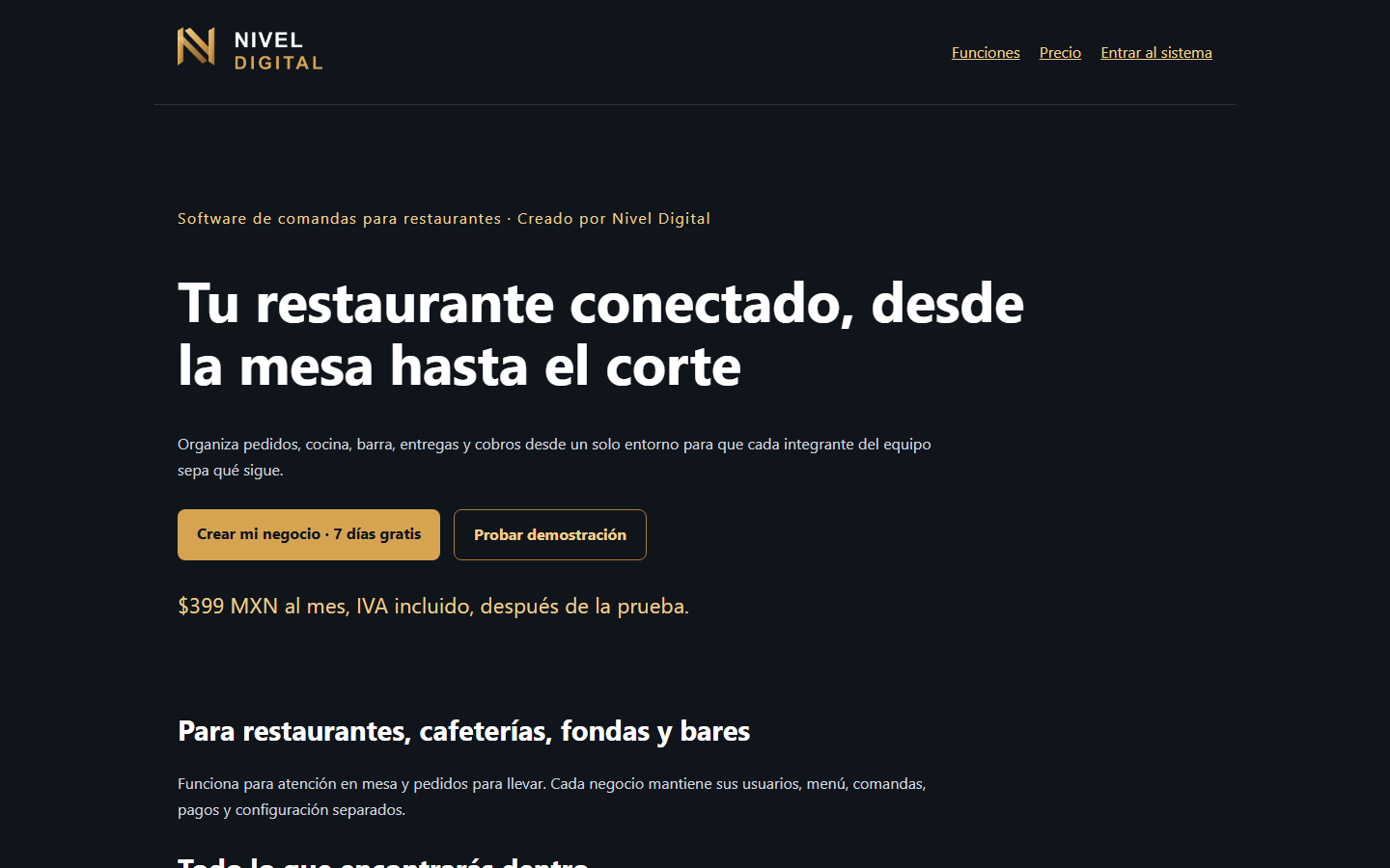 Vista real de la página de Software de comandas para restaurantes