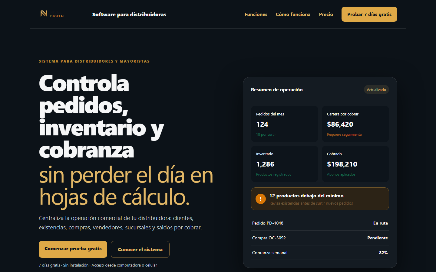 Vista real de la página de Software para distribuidoras