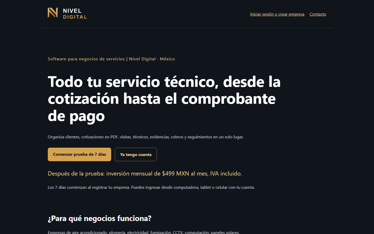 Vista real de la página de Software para negocios de servicios